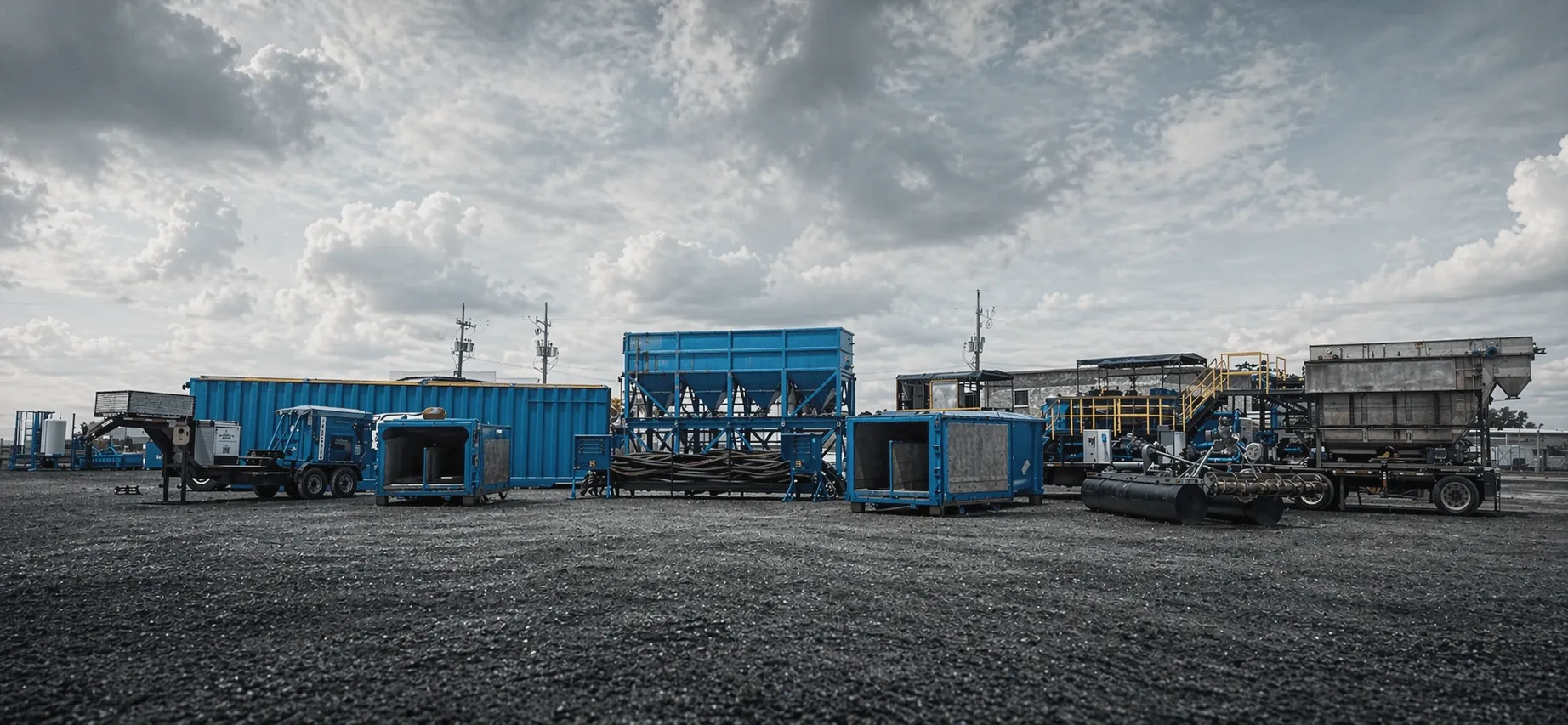 Blue dewatering boxes, filter hoppers and trailer-mounted treatment units staged across the gravel equipment yard under a cloudy sky