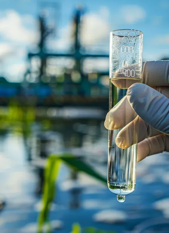 Gloved hand holding a graduated sample tube of treated water against an industrial plant and basin behind