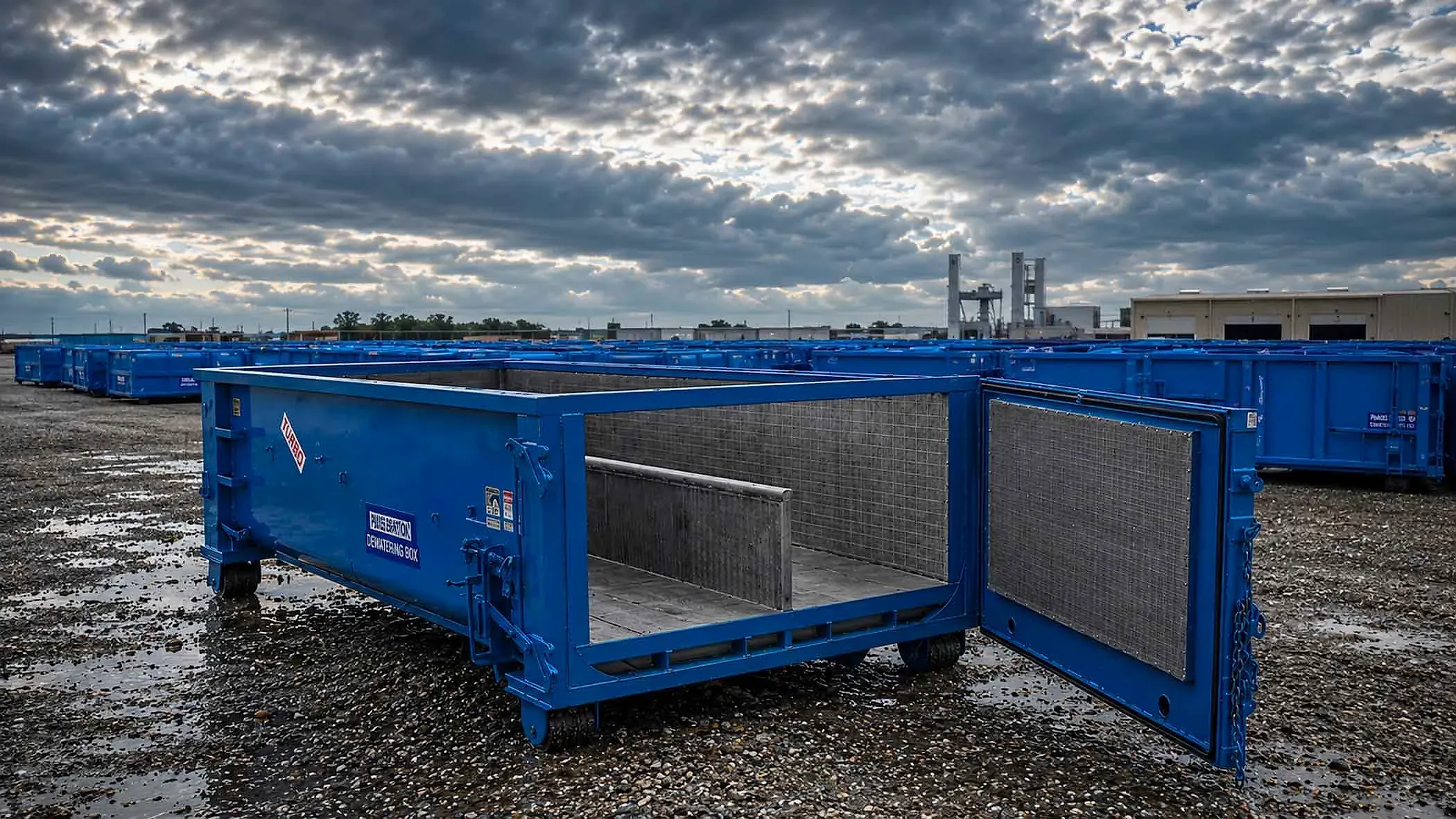Blue Turbo Phase Separator dewatering box with its rear door open, showing the internal stainless screen wall